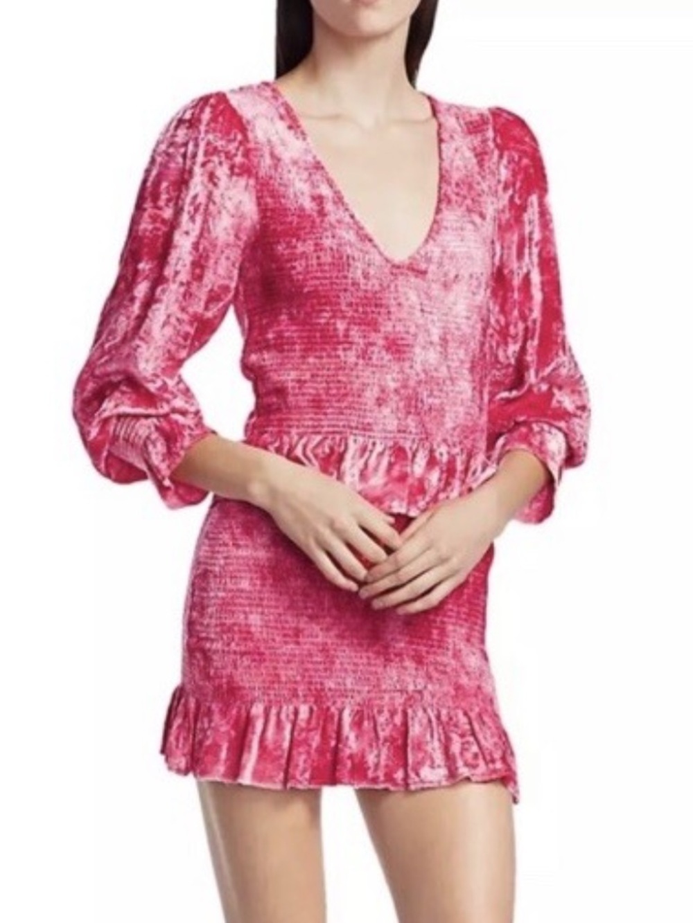 LoveShackFancy Evan Pink Grenadine Crushed Velvet Smocked Mini Dress Size M NWOT